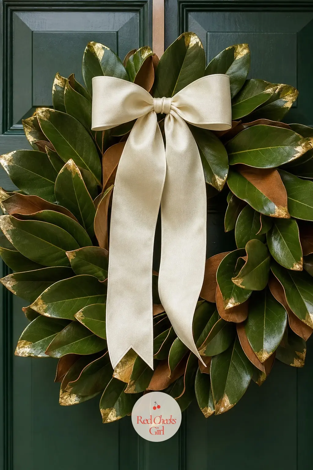 Gold-Tipped Magnolia Wreath — Glossy deep green magnolia leaves with their tips dipped in gold, an ivory ribbon holding it together. Christmas wreaths for