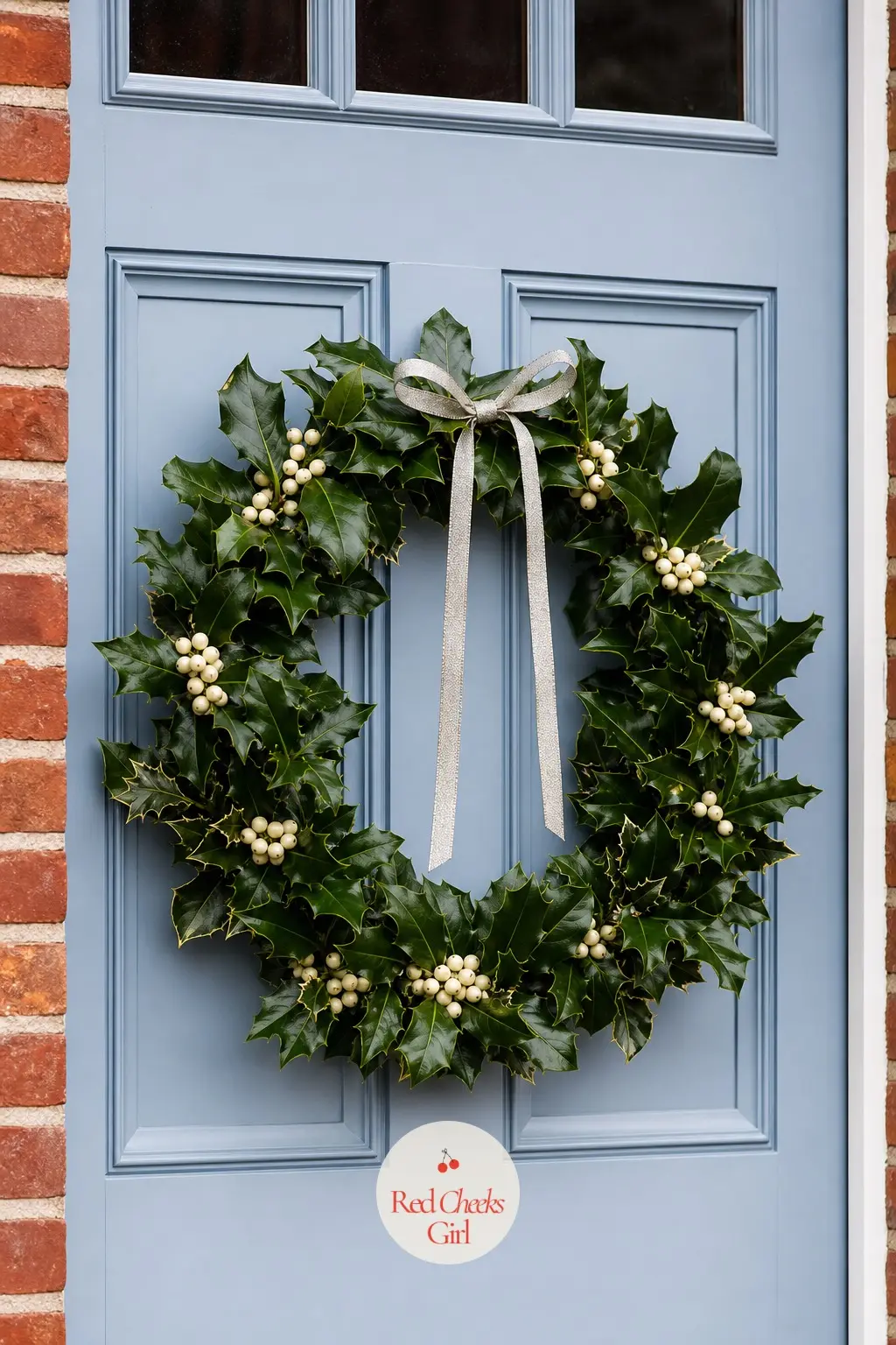 Holly and Ivory Berry Wreath — Glossy holly leaves in true green, clusters of ivory berries instead of the usual red, finished with a thin silver ribbon.