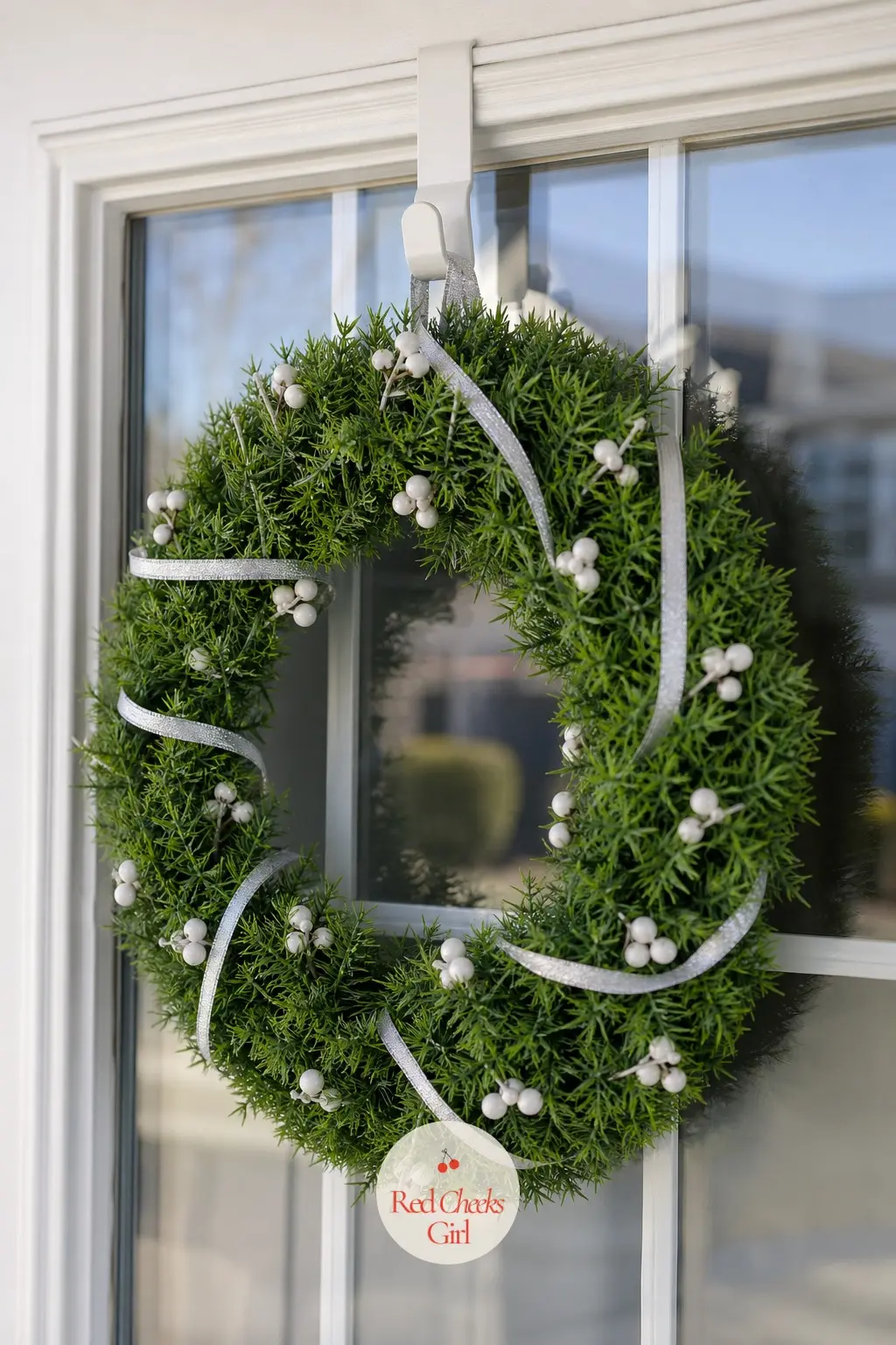Lightweight Command-Hook Wreath for Rentals — A foam-core green wreath with a scatter of white berries and a thin silver ribbon, light enough to hang on an