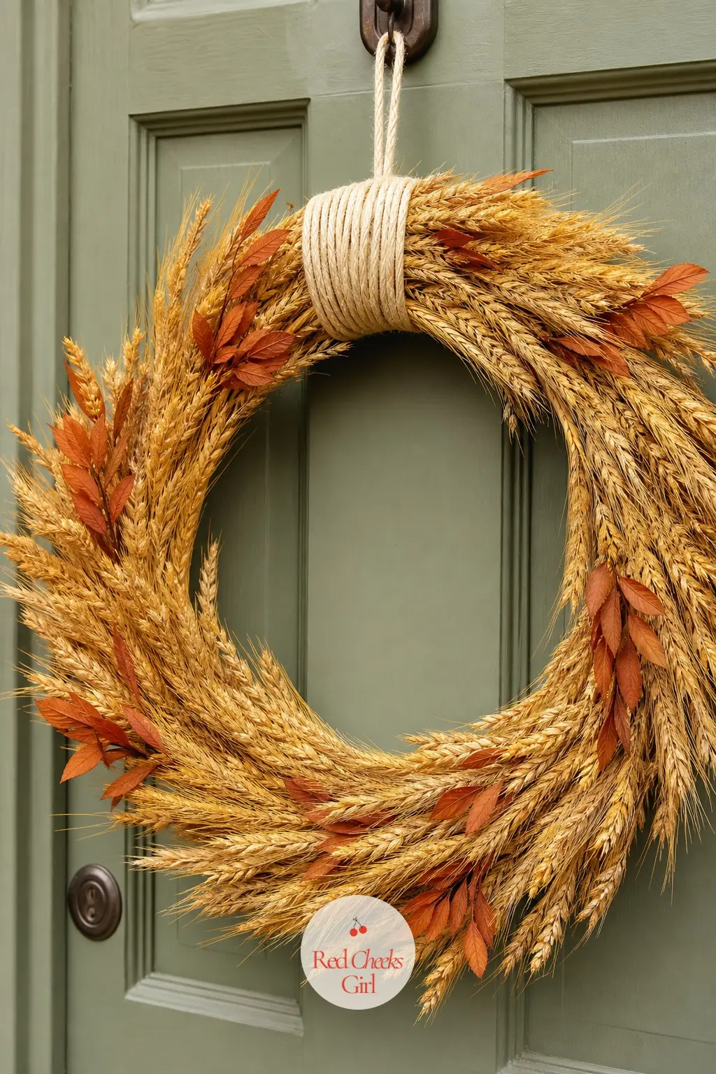 Marigold and Rust Dried Wheat Wreath — Dried wheat stalks in warm marigold, a scatter of rust-coloured dried leaves, no evergreen in sight. Christmas wreaths