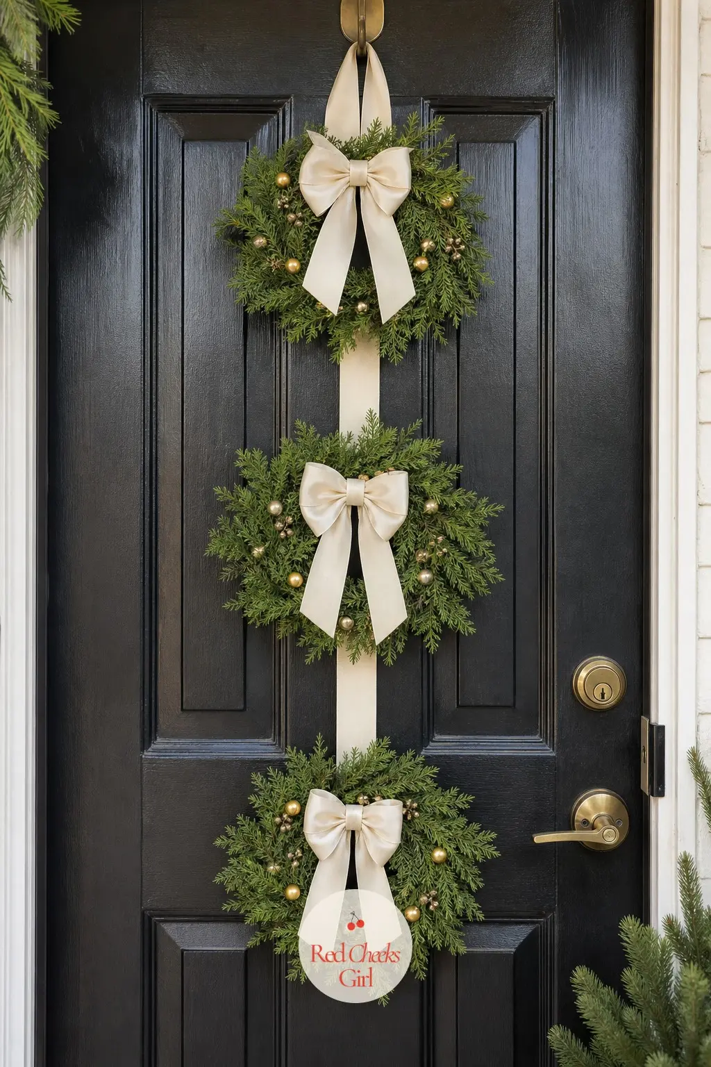 Mini Cluster Wreath Trio for Narrow Doors — Three small green wreaths in cream and gold, stacked vertically down the centre of the door instead of one wide