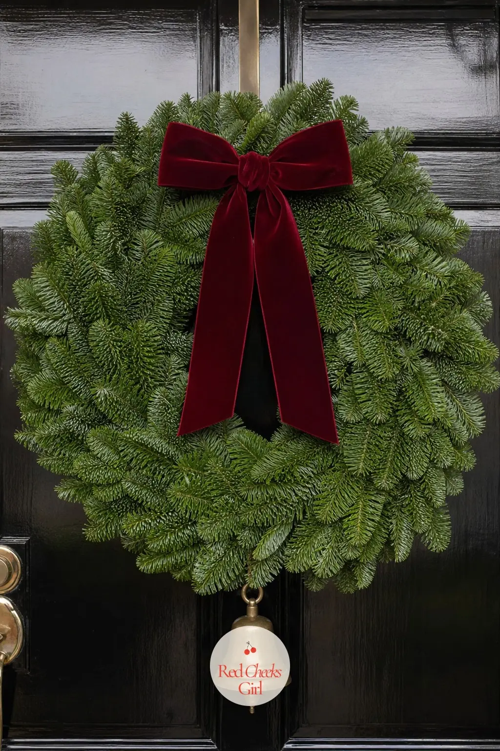 Noble Fir Wreath with a Single Velvet Bow — Deep green fir needles, one oversized wine red velvet bow, a small brass bell: nothing else competes for attention.