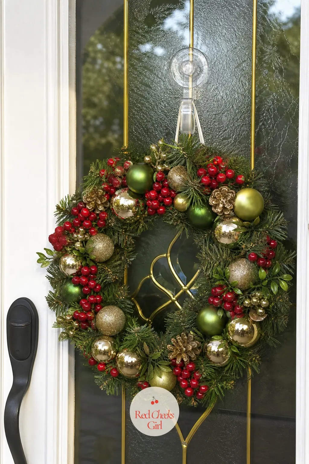 No-Nail Sidelight Wreath with Clip Hanger — A small red, green and gold wreath sized for a glass sidelight panel rather than the door itself, held on with a