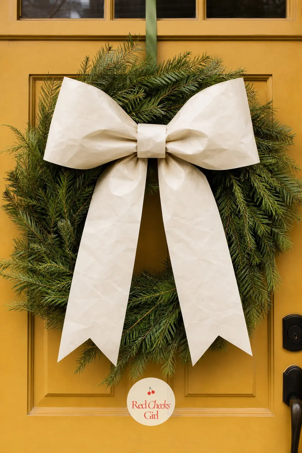 Oversized Paper Bow Pine Wreath — A slim sage green pine ring with one enormous cream paper bow and nothing else attached. Christmas wreaths for front door