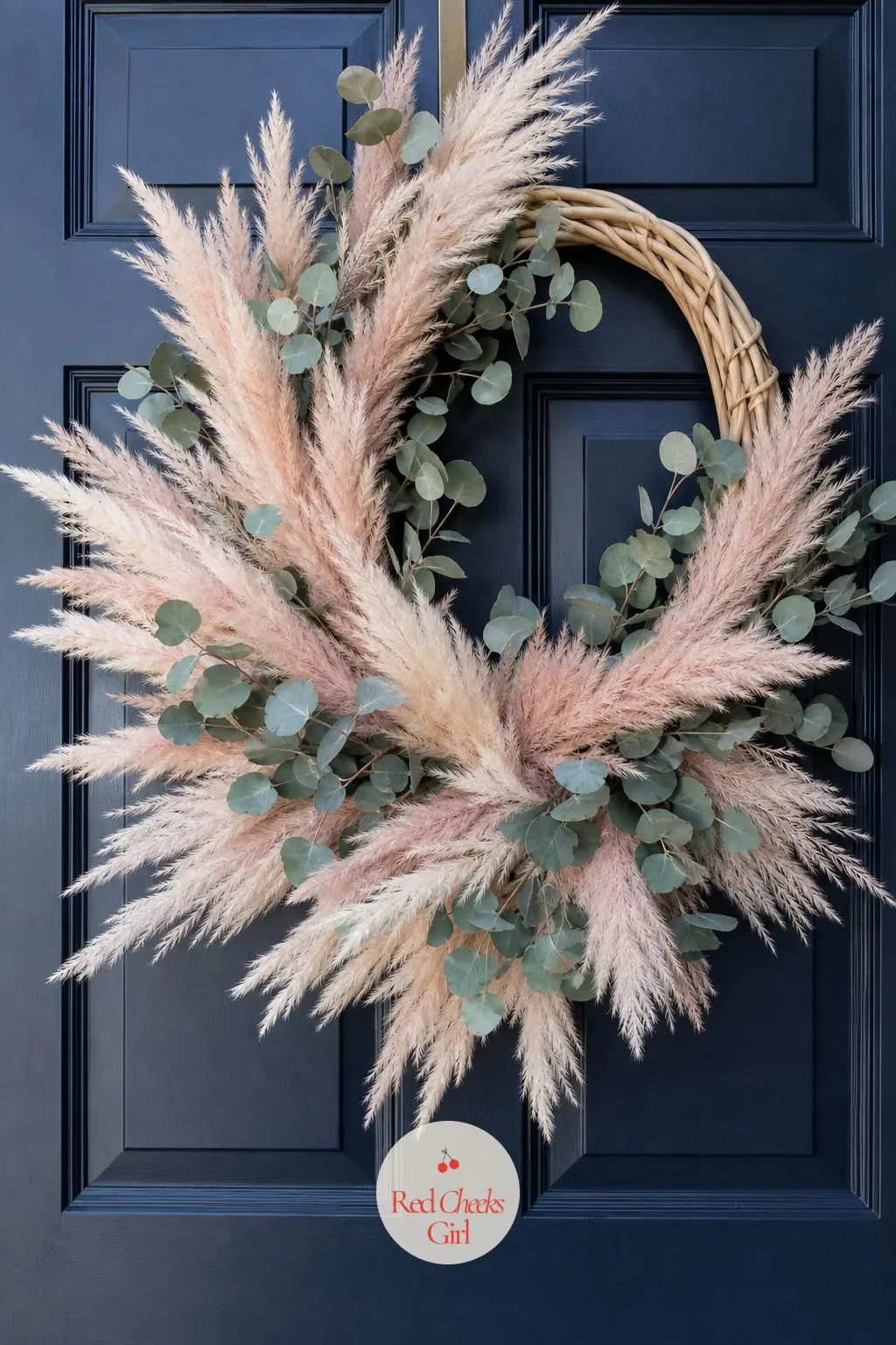 Pampas and Eucalyptus Wreath — Blush pink pampas plumes mixed with silvery eucalyptus on a natural rattan ring. Christmas wreaths for front door