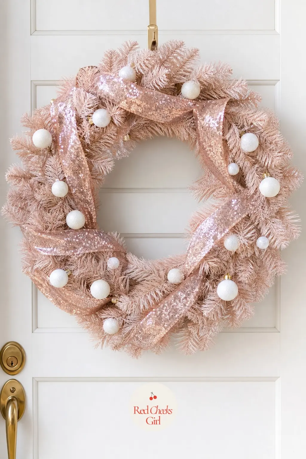 Rose Gold Sequin Ribbon Wreath — A soft blush faux pine base wrapped through with rose gold sequin ribbon and a few small white ornament picks. Christmas