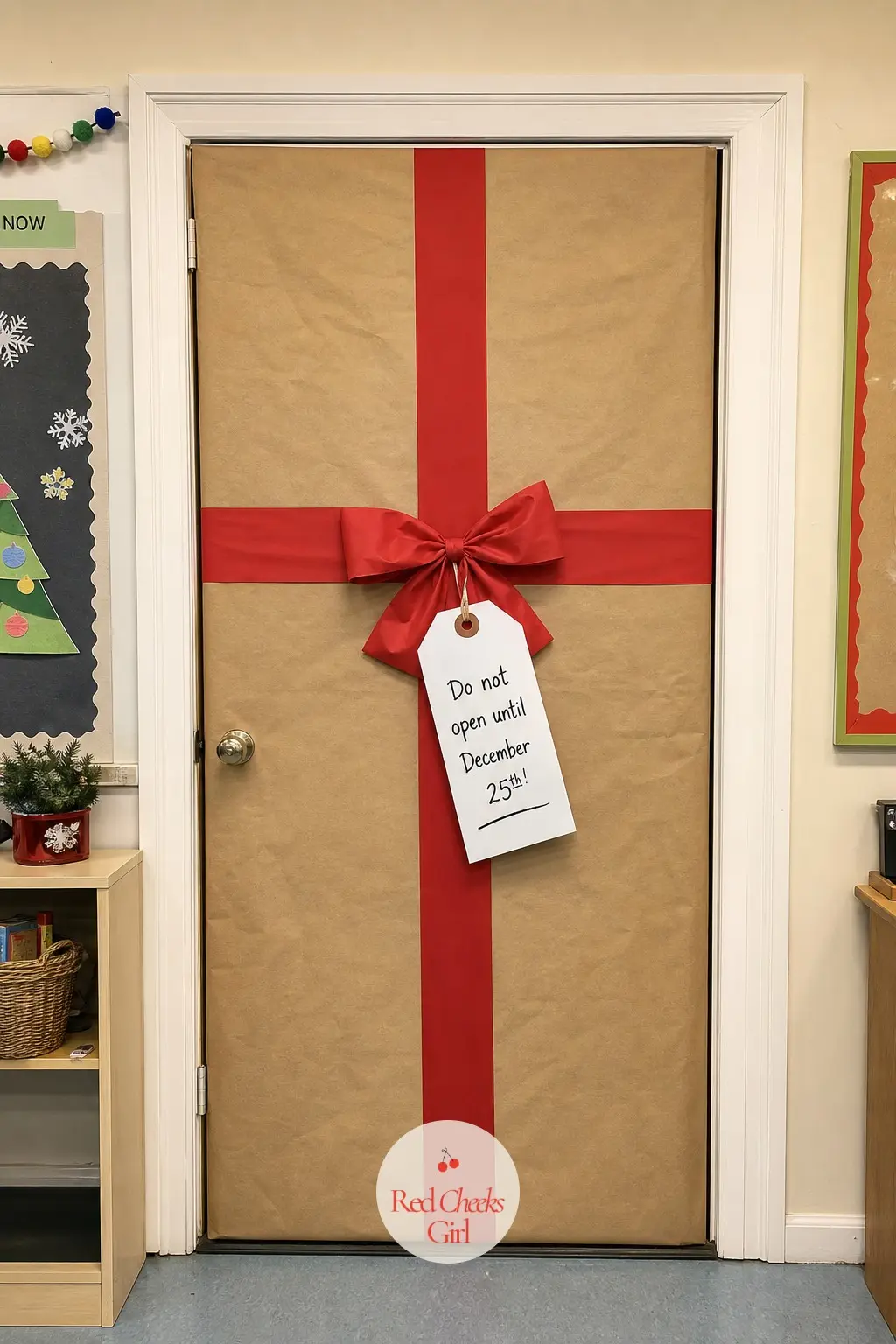 A Brown Paper Parcel Door Wrapped Like a Giant Gift — Cover the door panel in kraft paper, run a wide red ribbon across it like a parcel tie, and finish with