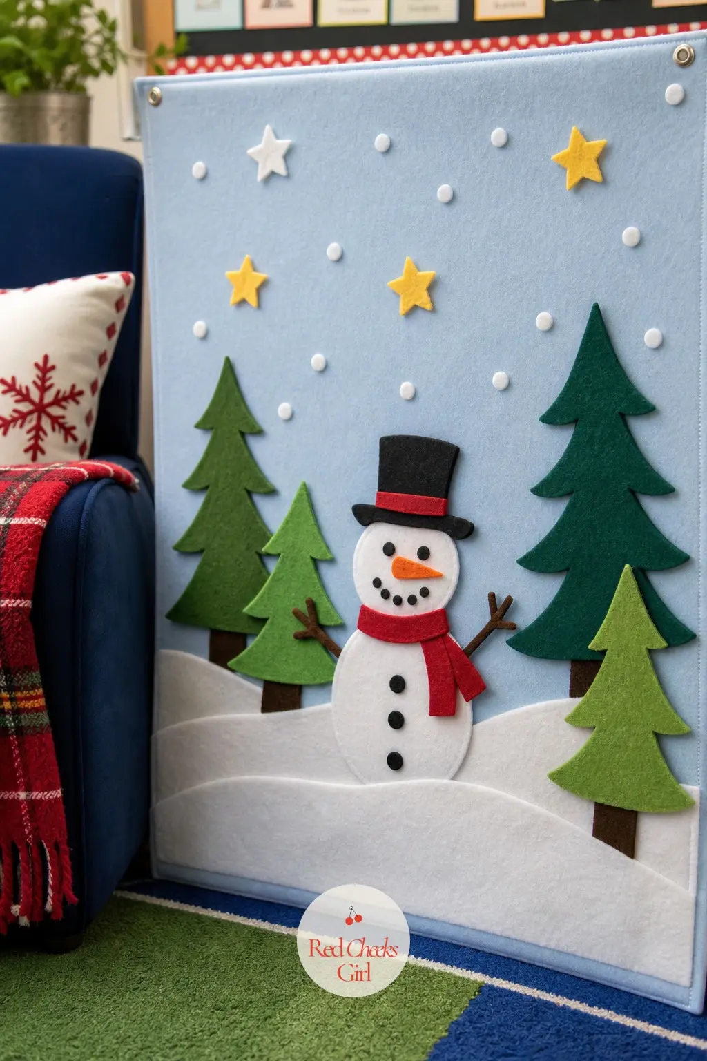 A Flannel Board Snow Scene Beside the Story Chair — Pin a length of pale blue felt to the corkboard beside the story time chair and build a simple snow scene