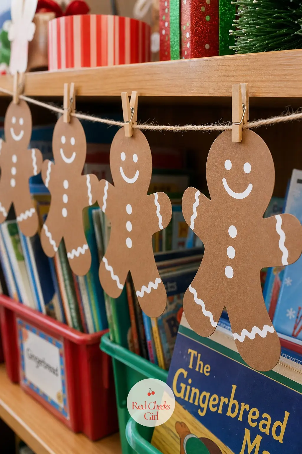 A Gingerbread Paper Garland Strung Along the Bookshelf Edge — Cut a row of gingerbread man shapes from warm brown cardstock, dot each with white paint for