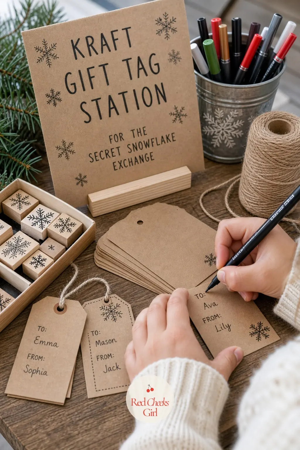 A Kraft Gift Tag Station for the Secret Snowflake Exchange — Set a small table with a stack of kraft gift tags, a spool of twine, a rubber stamp or two and a