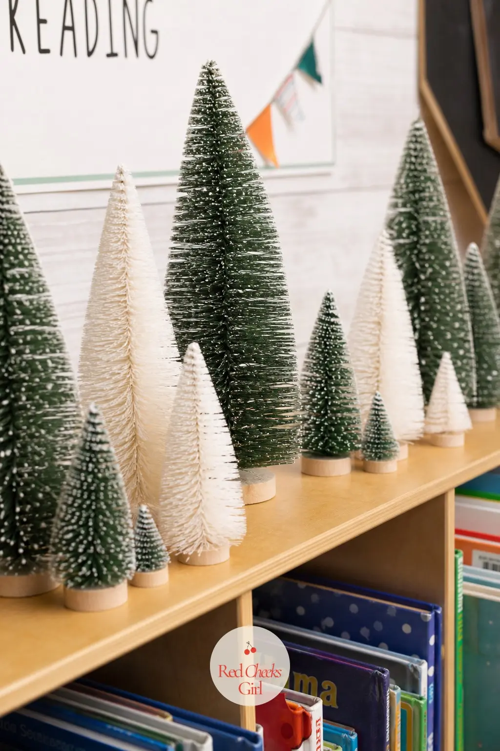 A Mini Bottle Brush Forest Lining the Reading Shelf — Line a row of small white and green bottle brush trees along the top of the reading corner shelf, varying