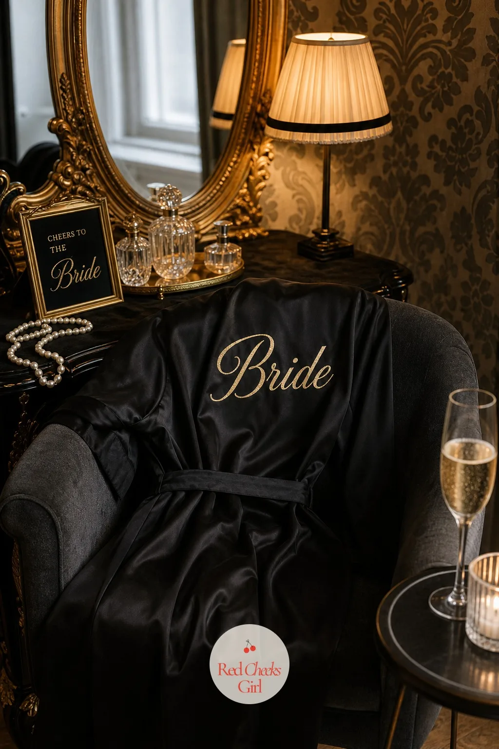 A Black Silk Robe for the Bride — Before the dinner even starts, she is already in theme: a black silk robe with gold script across the back, worn over her