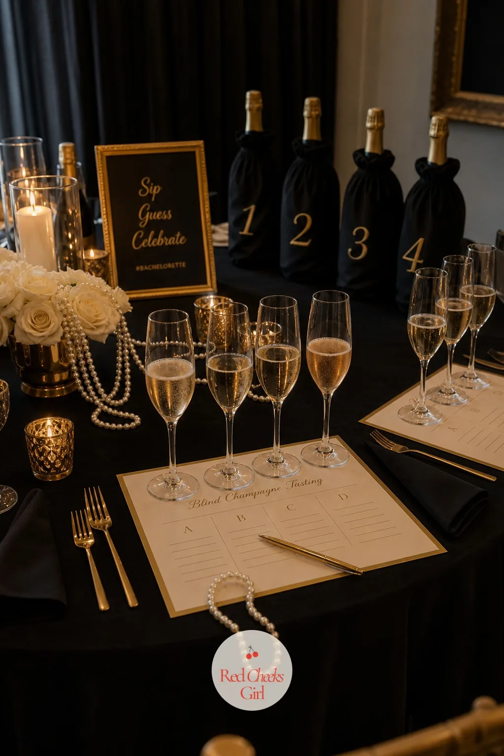 A Blind Champagne Tasting — Four glasses line up in front of each guest, bottles hidden under black fabric sleeves, and the table turns competitive trying to