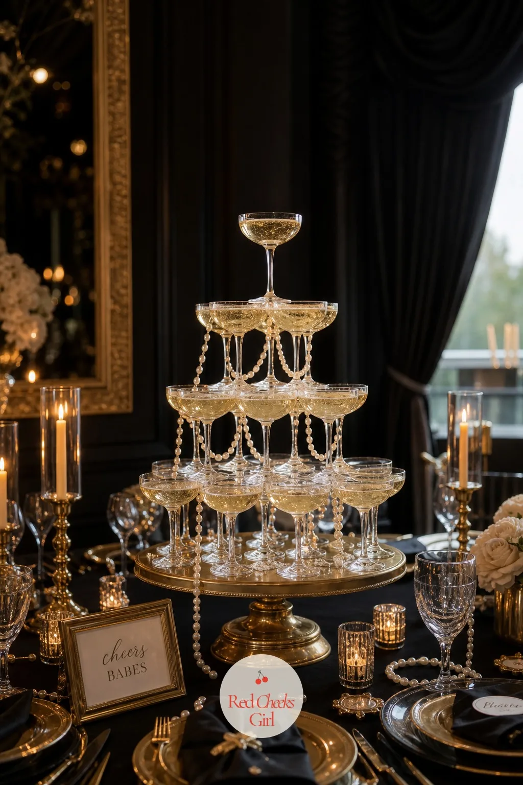 A Champagne Coupe Tower Centerpiece — Instead of flowers down the middle of the table, a tower of coupe glasses rises from a gold stand, pearls tucked between