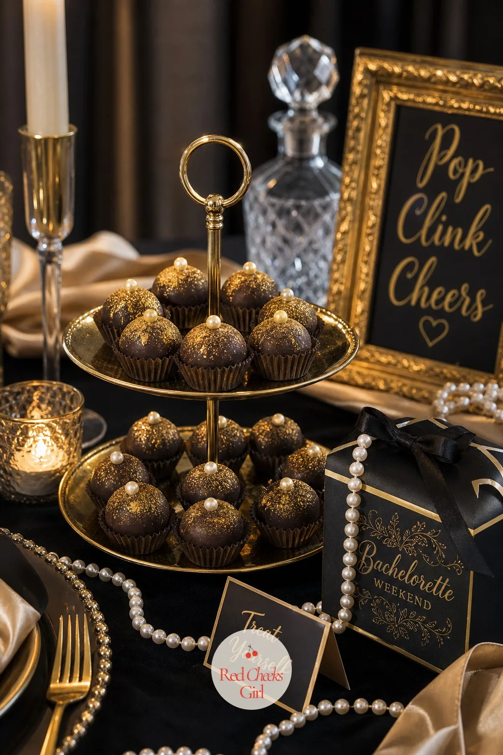 Chocolate Truffles Dusted in Gold for Dessert — Dessert arrives small and dark, a handful of truffles dusted in gold with a single pearl sugar dragee pressed
