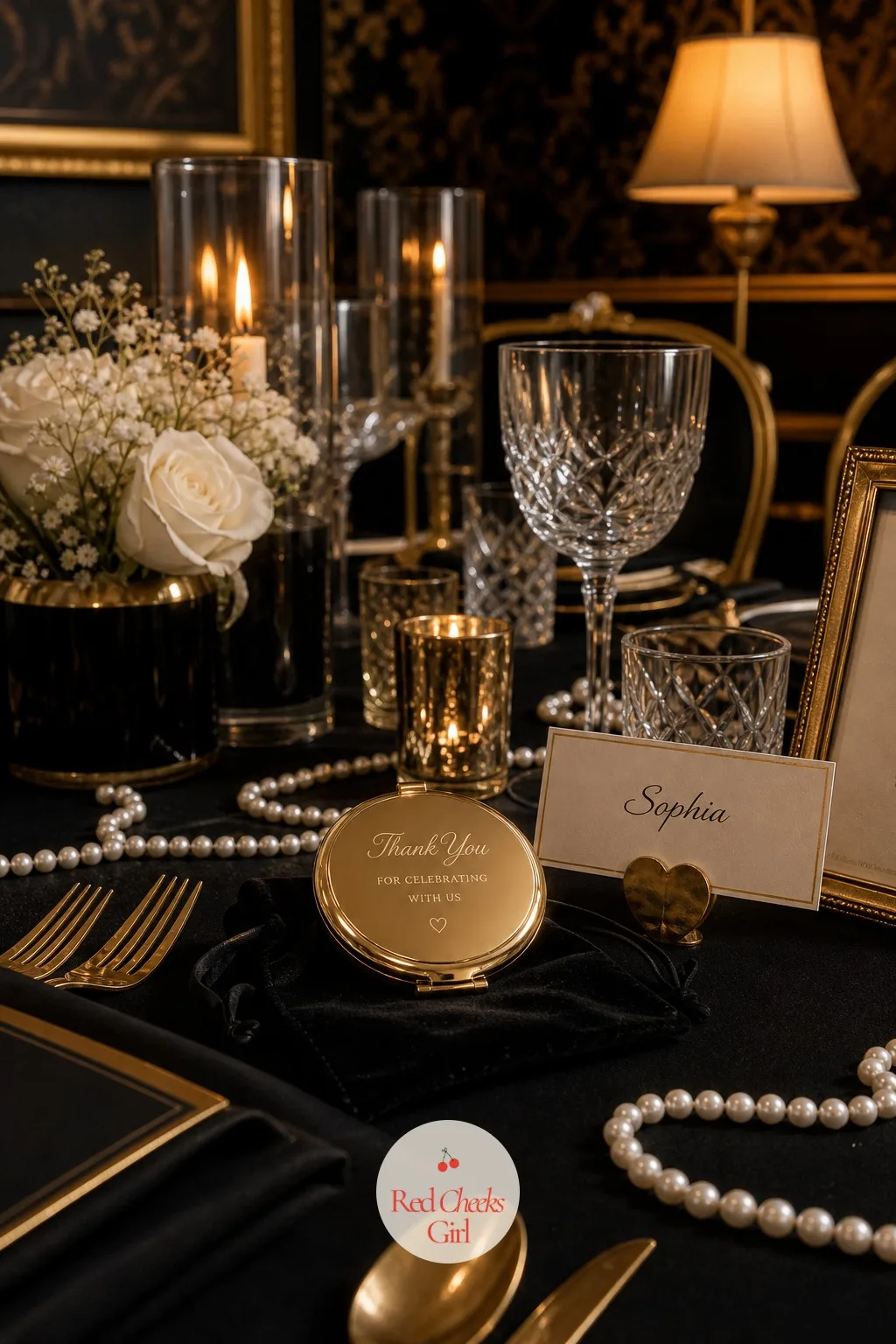 A Gold Compact Mirror Favor — Tucked inside a black velvet pouch at each place, a small gold compact mirror waits, the kind of favor that gets used long after