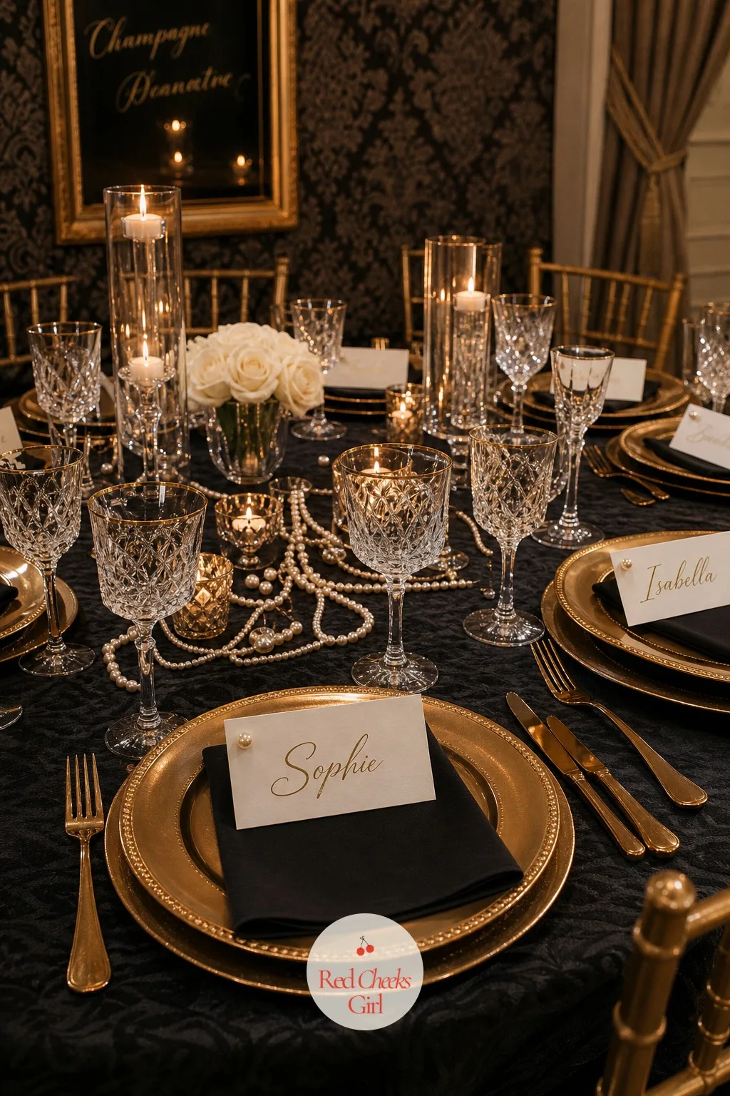 Gold Script Place Cards With a Pearl Pin — Every guest finds her name waiting at her seat, written in gold script on an ivory card, a single pearl pin tucked