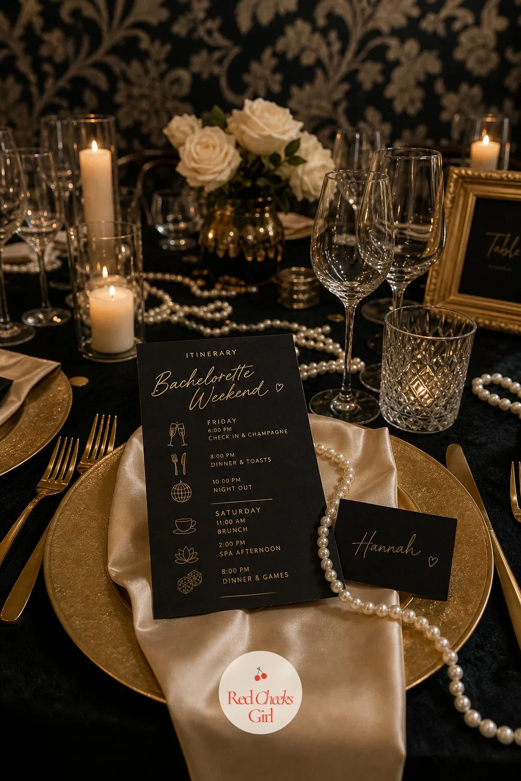 The Itinerary — The smallest object of the whole night, and the one every guest actually needs before anything else starts: a black card in gold script, laying