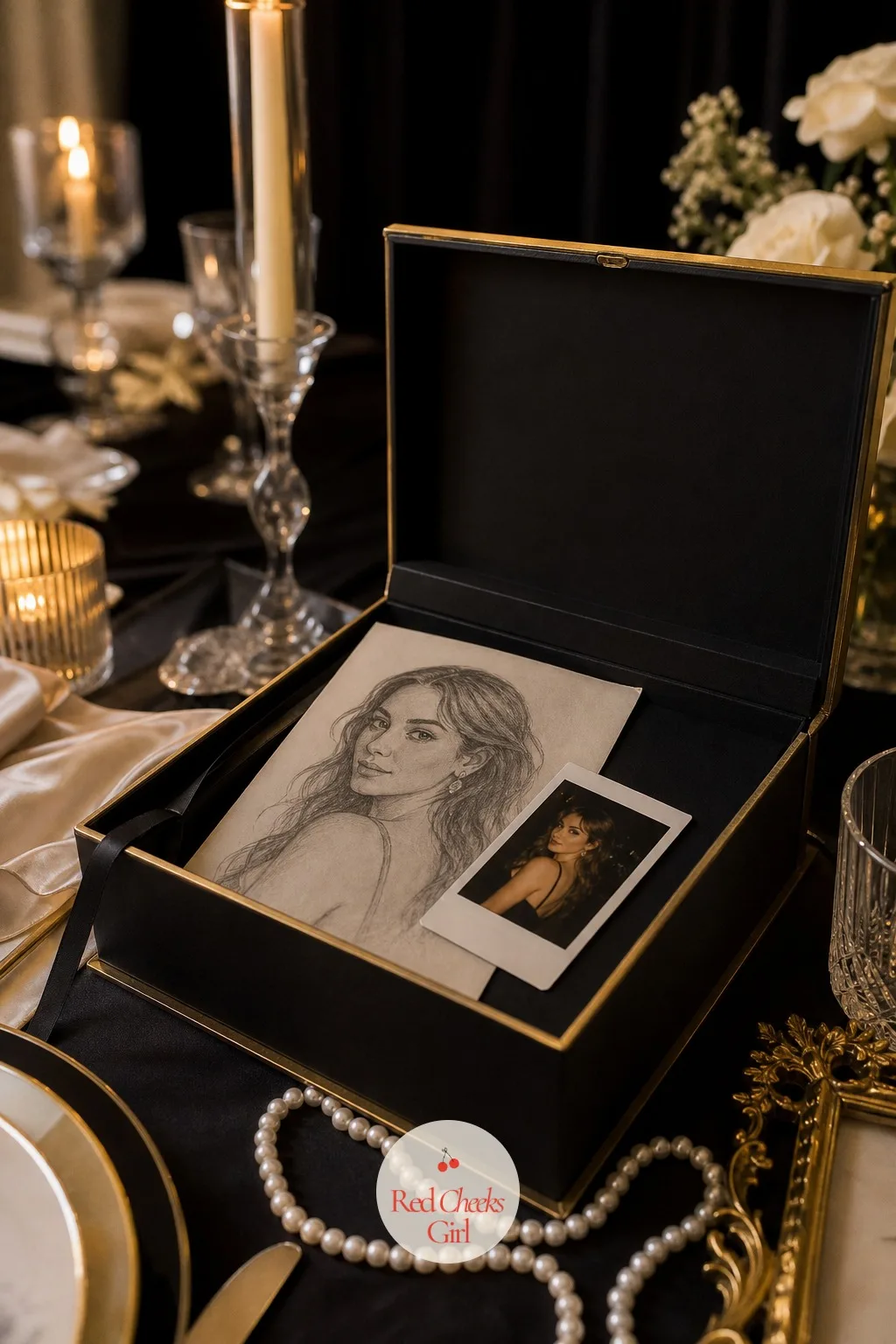 A Keepsake Box for the Sketch and Polaroids — Before anyone leaves, the sketch artist's portrait and a polaroid from the night slide into a small black box