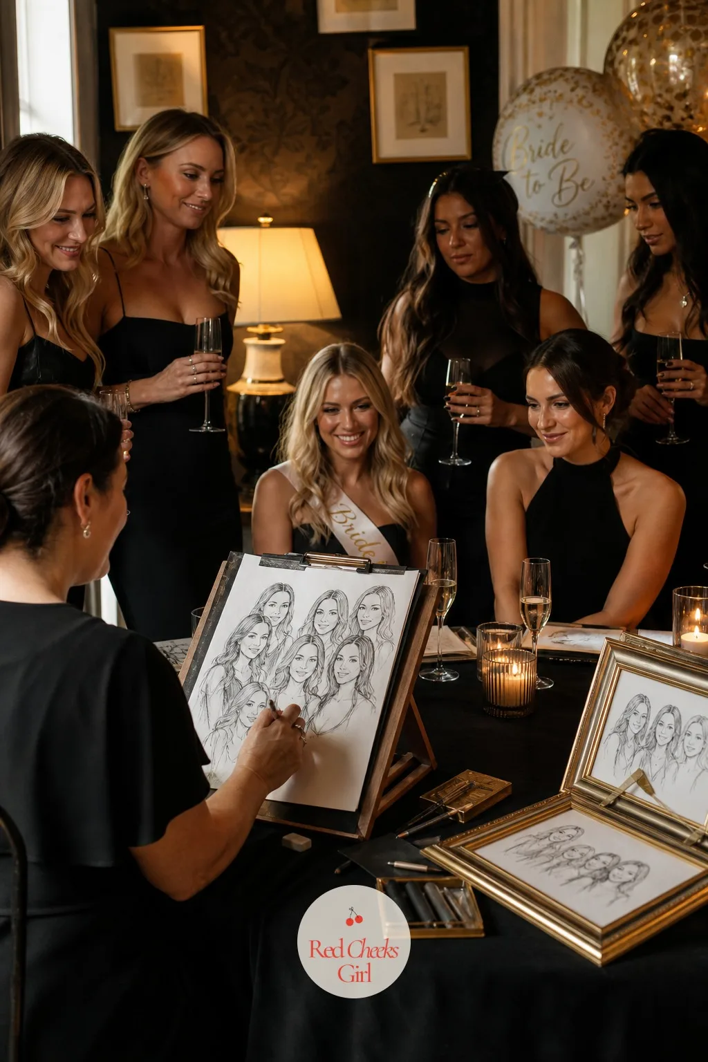 A Live Sketch Artist Drawing the Group — While the table talks, an artist works quietly at a small easel nearby, sketching the group in charcoal, guests
