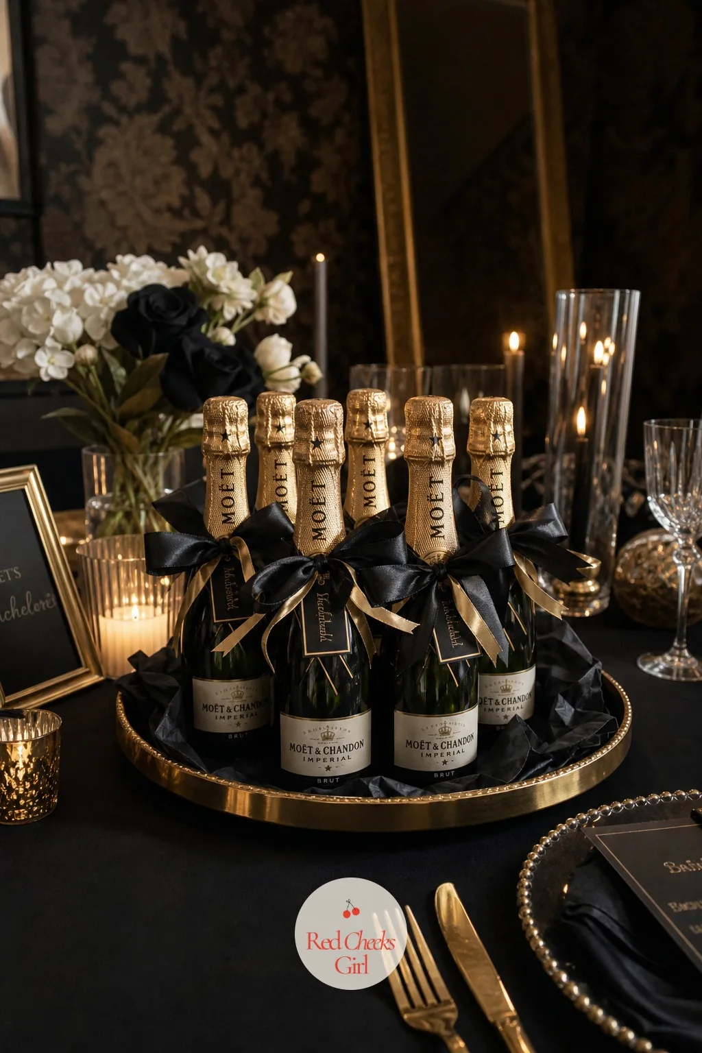Mini Champagne Bottles Tied in Ribbon — By the door, or lined up in a tray on the table, small champagne bottles stand with black and gold ribbon tied round