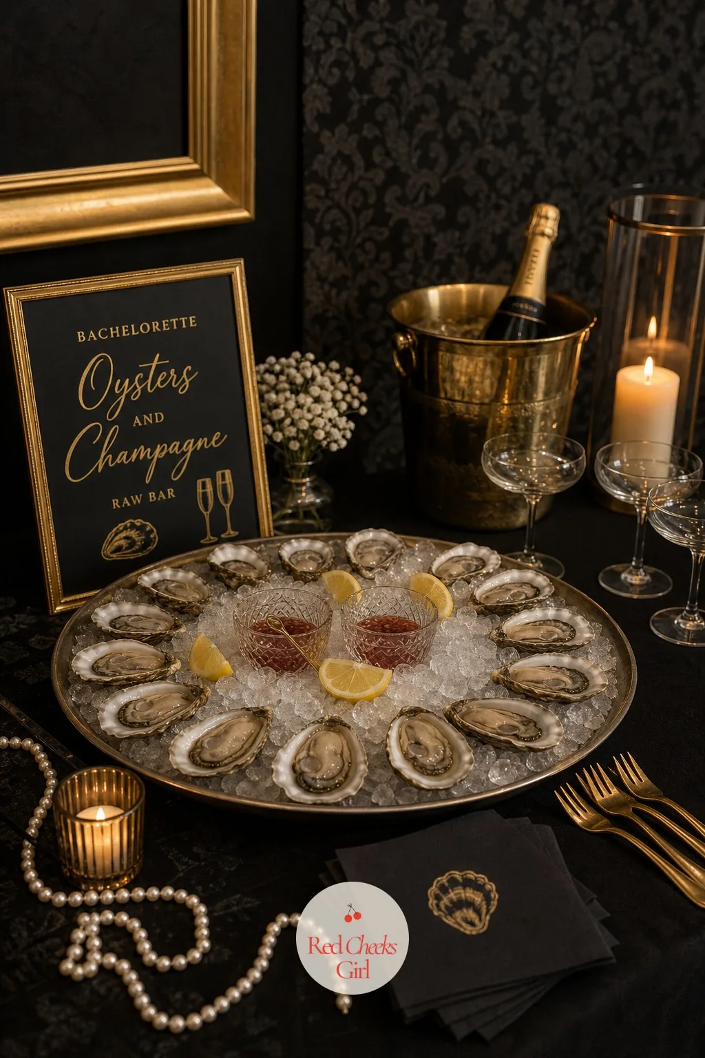 An Oysters and Champagne Raw Bar — A raw bar set on ice near the dinner table gives the group something to graze on before the first course, shells glistening