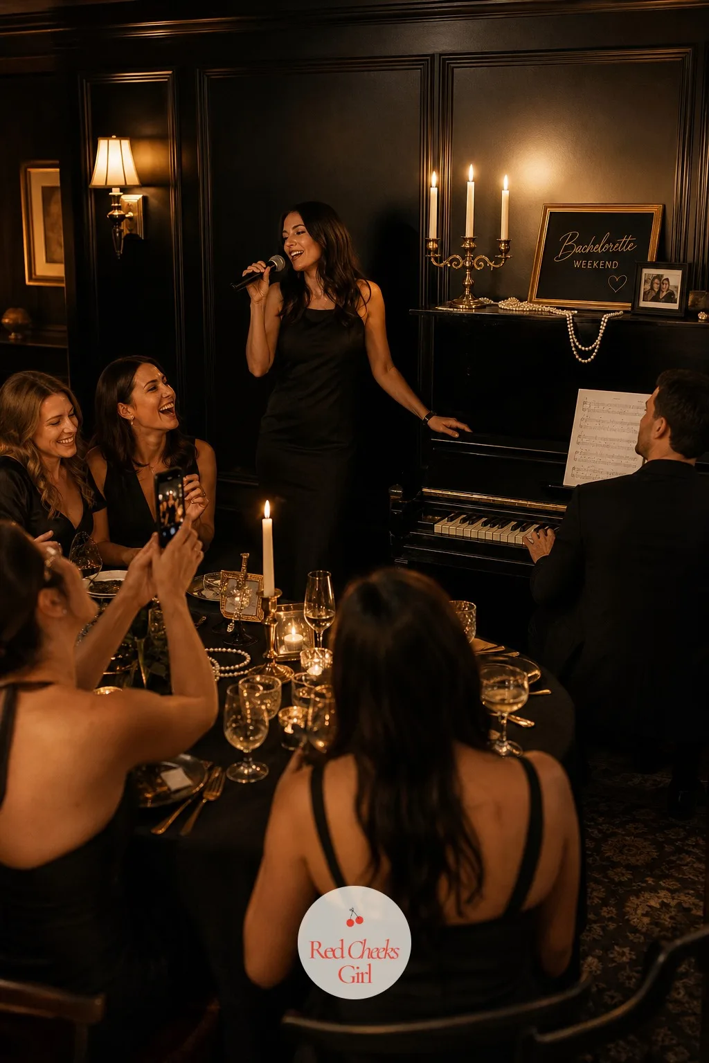 Piano Karaoke — Plates clear and a pianist takes over the corner of the room, one guest at a time stepping up to sing while the rest cheer from the table.