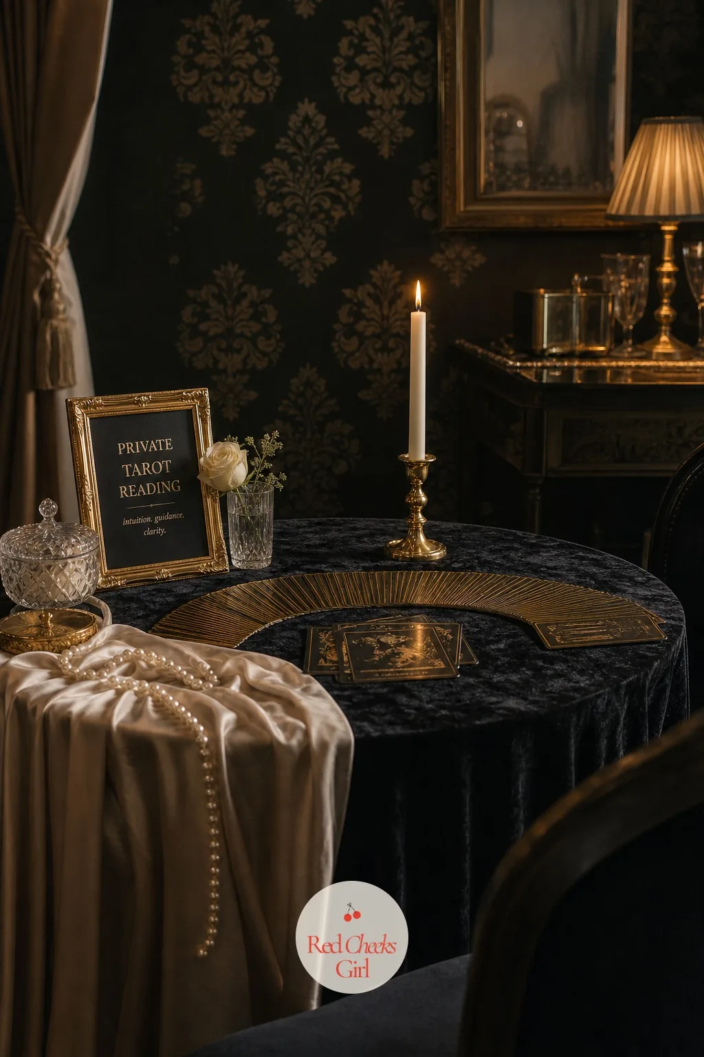 A Private Tarot Reader at the Table — In a quiet corner of the room, a small round table sits draped in black velvet, a candle flickering beside a gold-edged