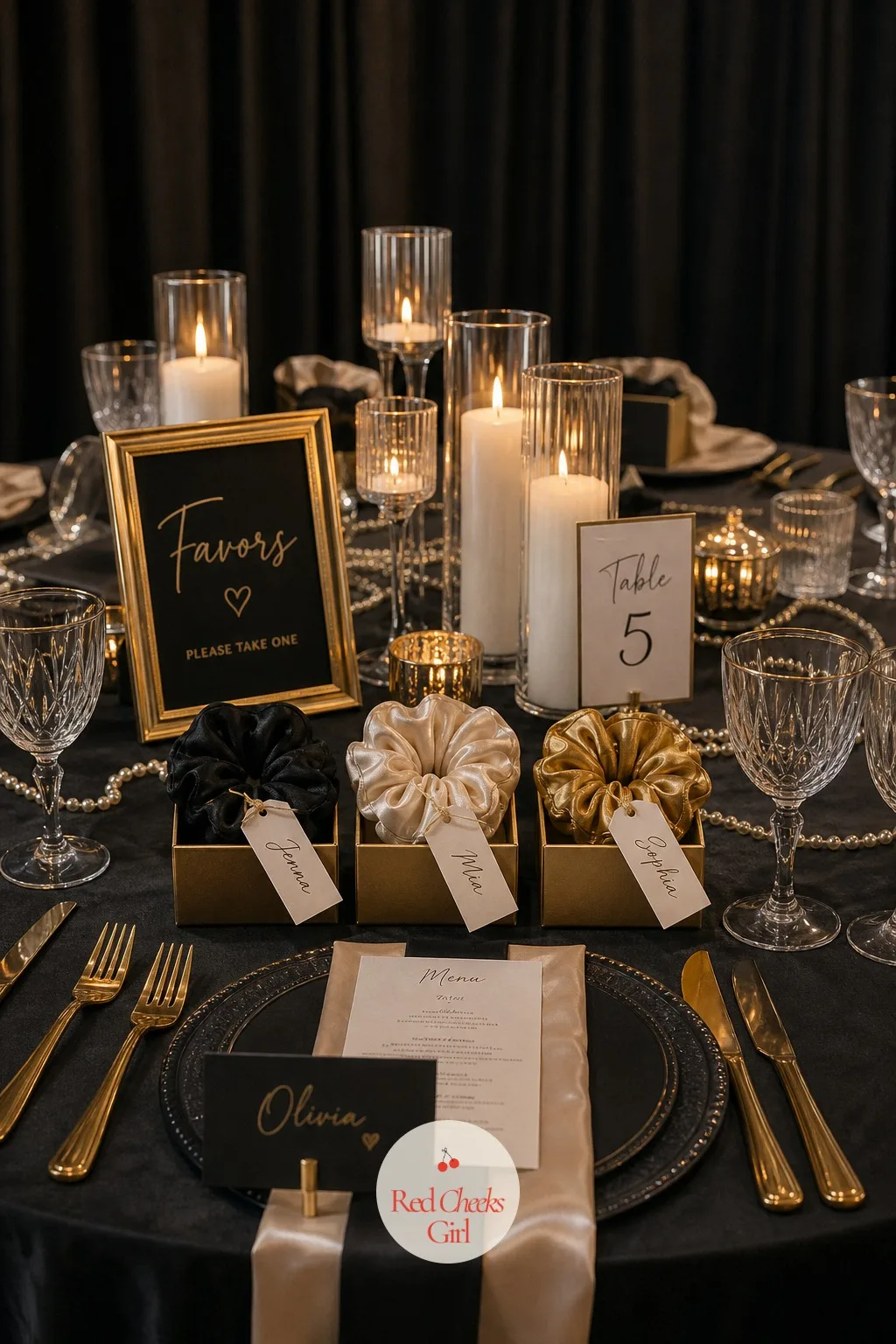 Silk Scrunchie Favors — At each place setting, or waiting in a basket by the door, a small gold box holds a silk scrunchie in black, champagne or gold, a tag