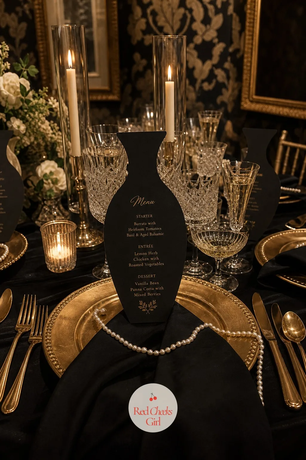 Vase-Shaped Menus — Instead of a flat rectangle at each place, the menu is cut into the silhouette of a vase, propped against a glass or laid flat on the