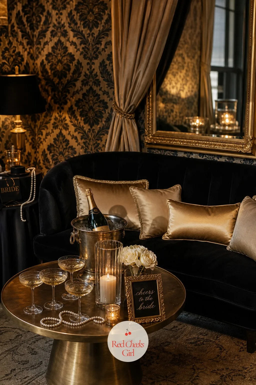 A Velvet Lounge Corner for Cocktail Hour — Before anyone sits down to dinner, she needs somewhere to land with a drink in hand, and a bare hallway will not do