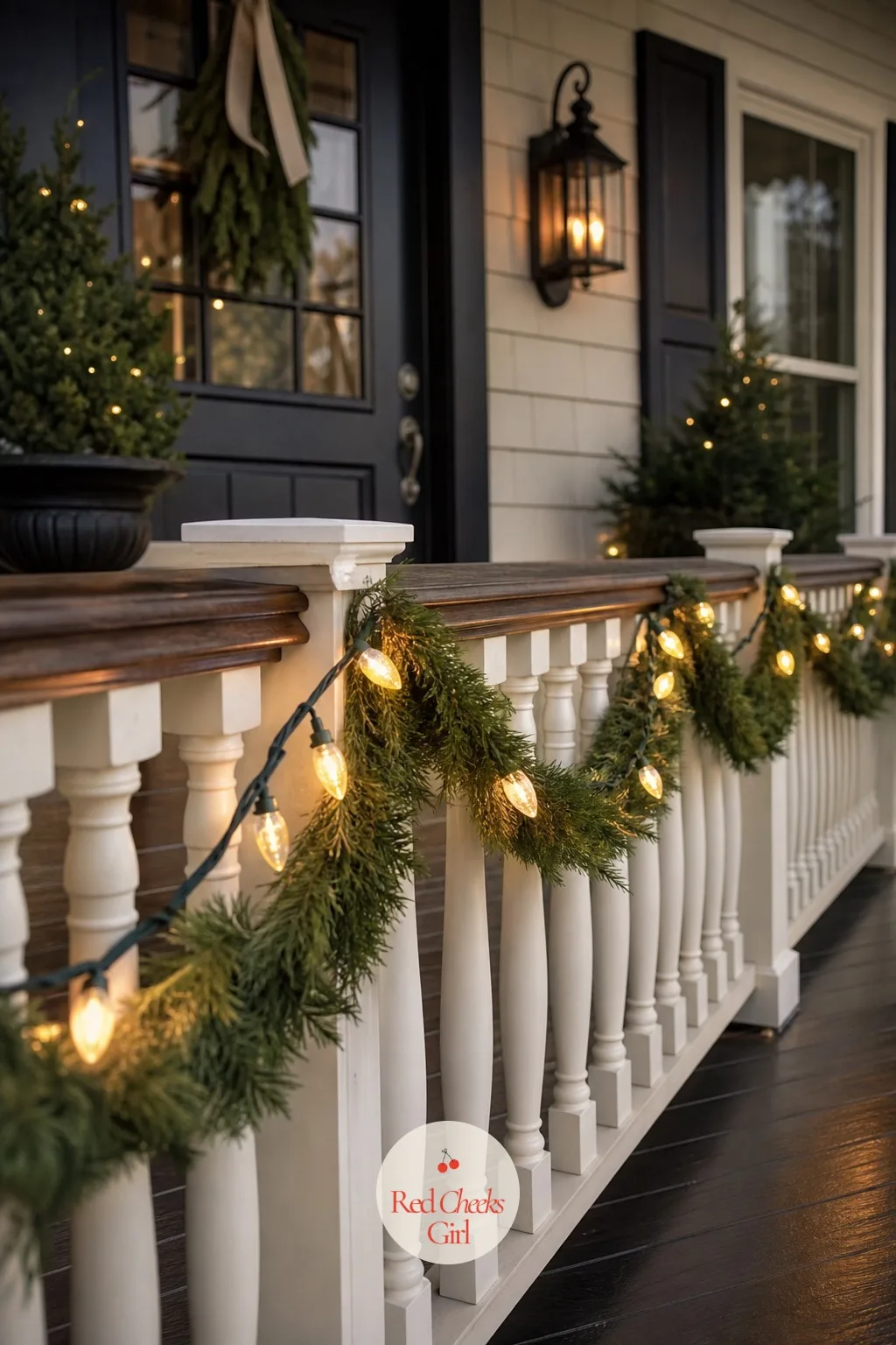 Warm White C9 Looped Along the Porch Railing — A dark porch railing at night is just a shape you walk past on the way inside. Classy christmas lights on house