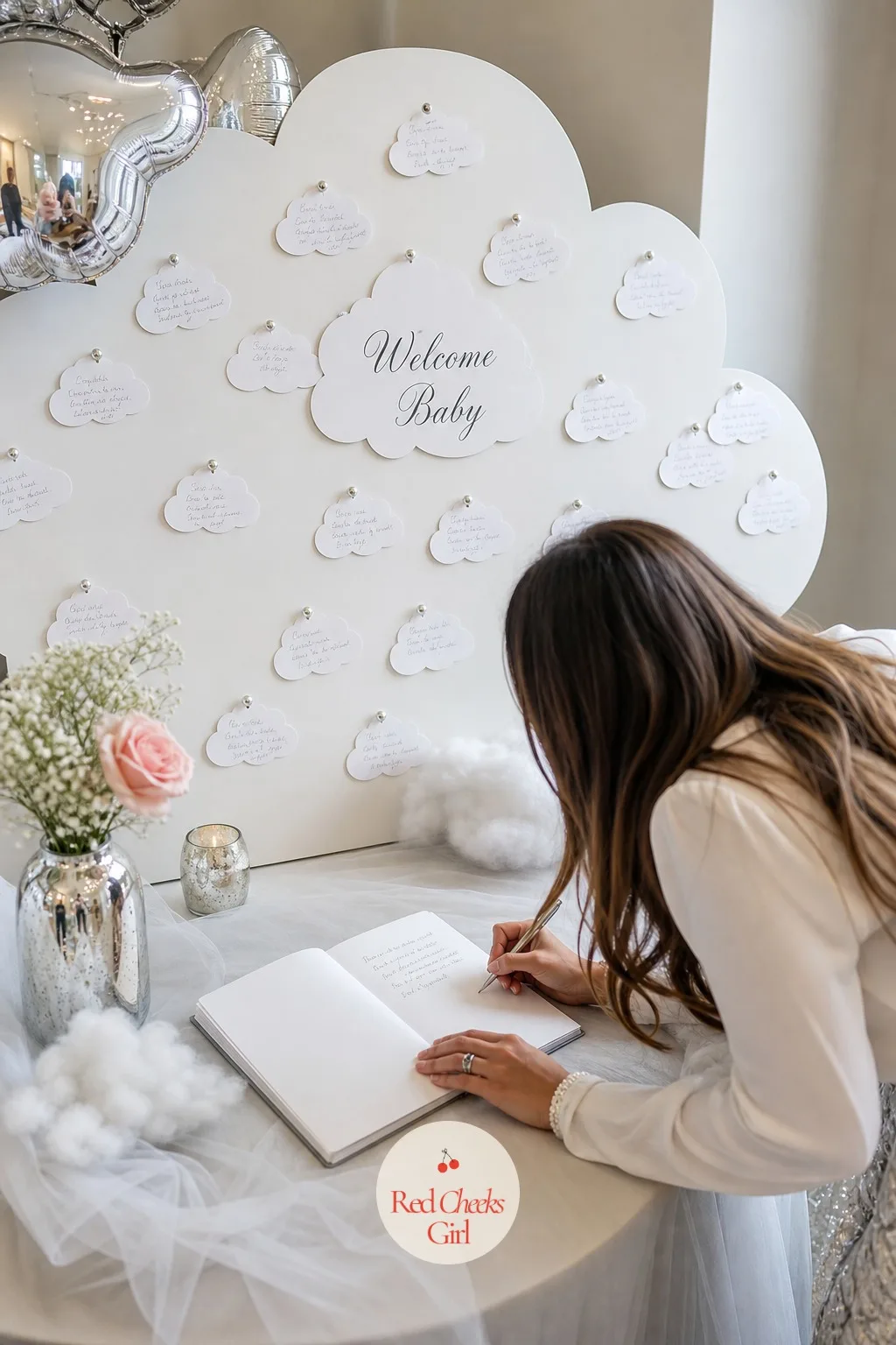 Cloud Guest Book Alternative — A blank notebook sitting on a side table gets ignored past the first hour. Cloud 9 baby shower theme