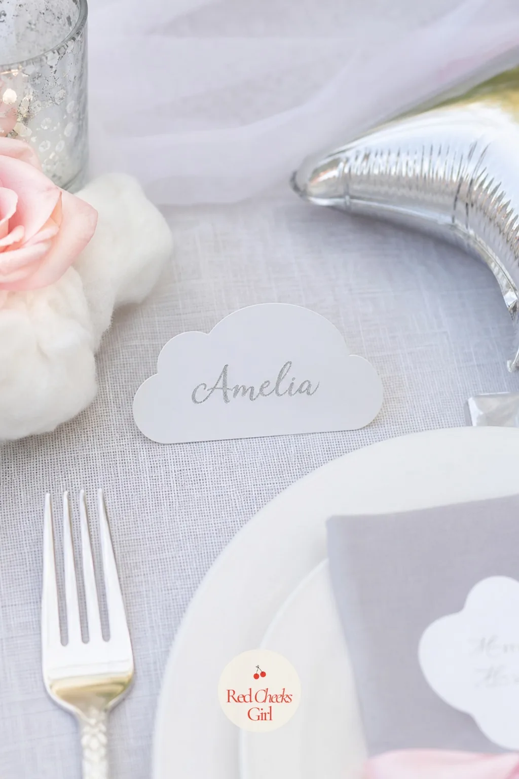 Cloud-Shaped Place Cards — Guests hovering over a long table looking for their seat slows down a meal before it starts. Cloud 9 baby shower theme