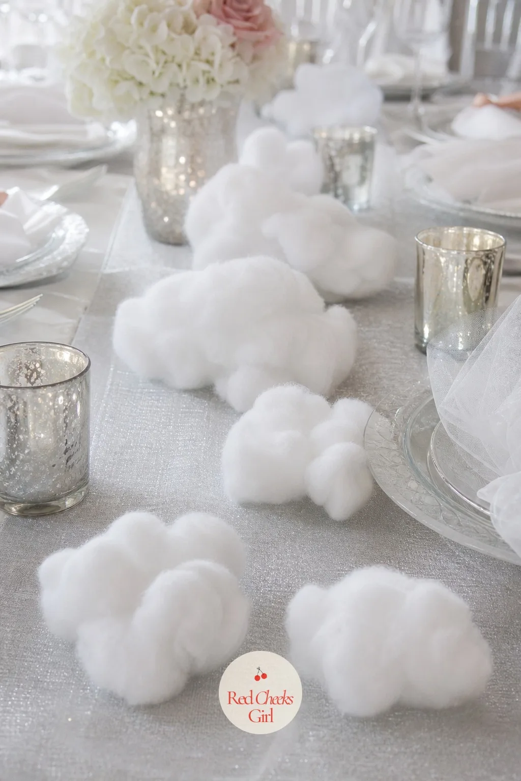 Cotton Cloud Clusters Along the Table Runner — A runner laid flat down the center of a table can look a little bare between the plates. Cloud 9 baby shower