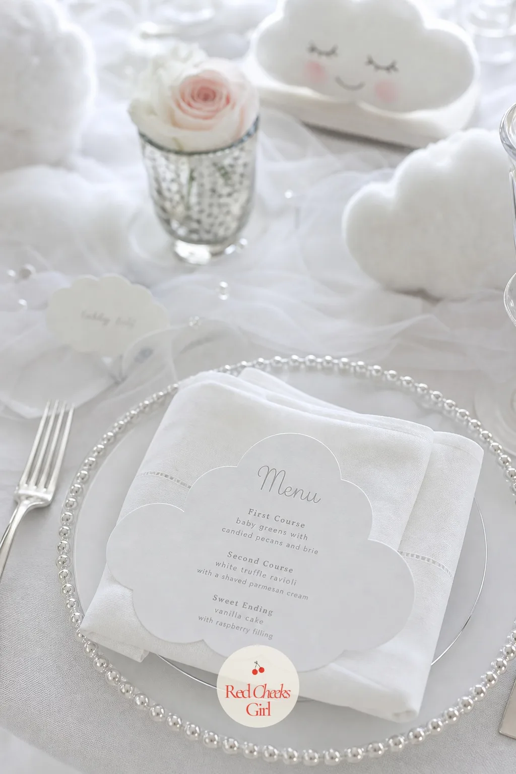 Die-Cut Cloud Menus — A plain printed card at each place looks like an office memo. Cloud 9 baby shower theme