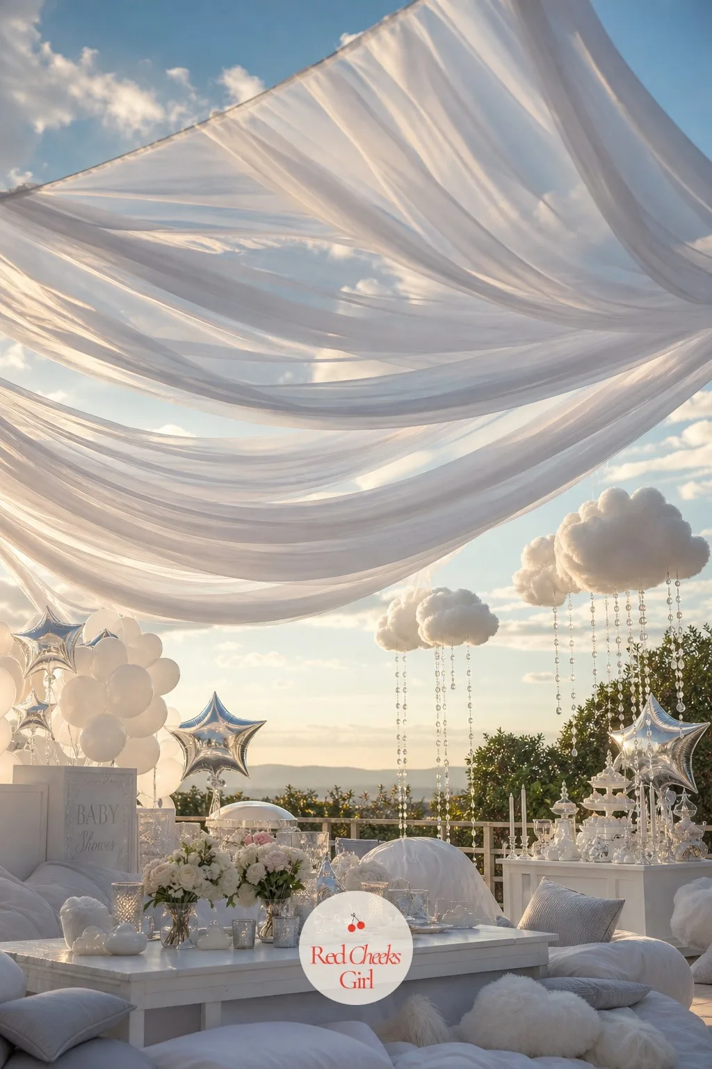 Draped Sheer Fabric Sky Canopy — Some rooms have nothing to hang a garland from and a ceiling too high to bother with. Cloud 9 baby shower theme