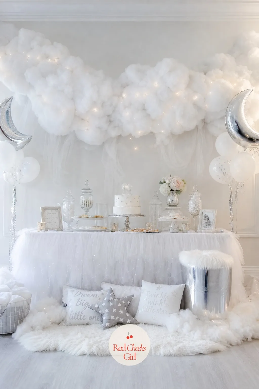 Fluffy Cloud Garland Backdrop — A blank wall behind the gift table looks like an afterthought. Cloud 9 baby shower theme