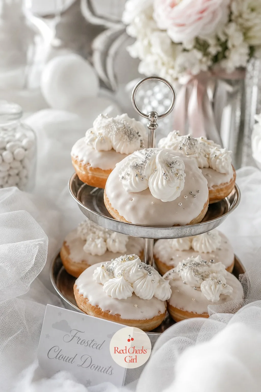 Frosted Cloud Donuts — Cake and cookies cover the sweet table, but a quick grab and go treat fills the gap for guests heading out early with a plate in hand.