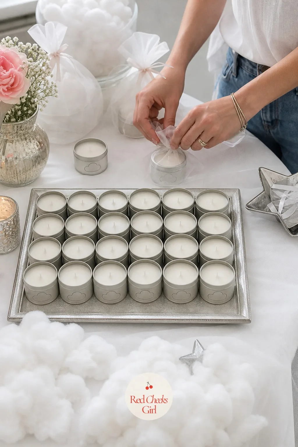 Mini Cloud Votive Candle Favors — A favor she actually lights on a quiet evening months later does more for the memory than most things handed out at a party.