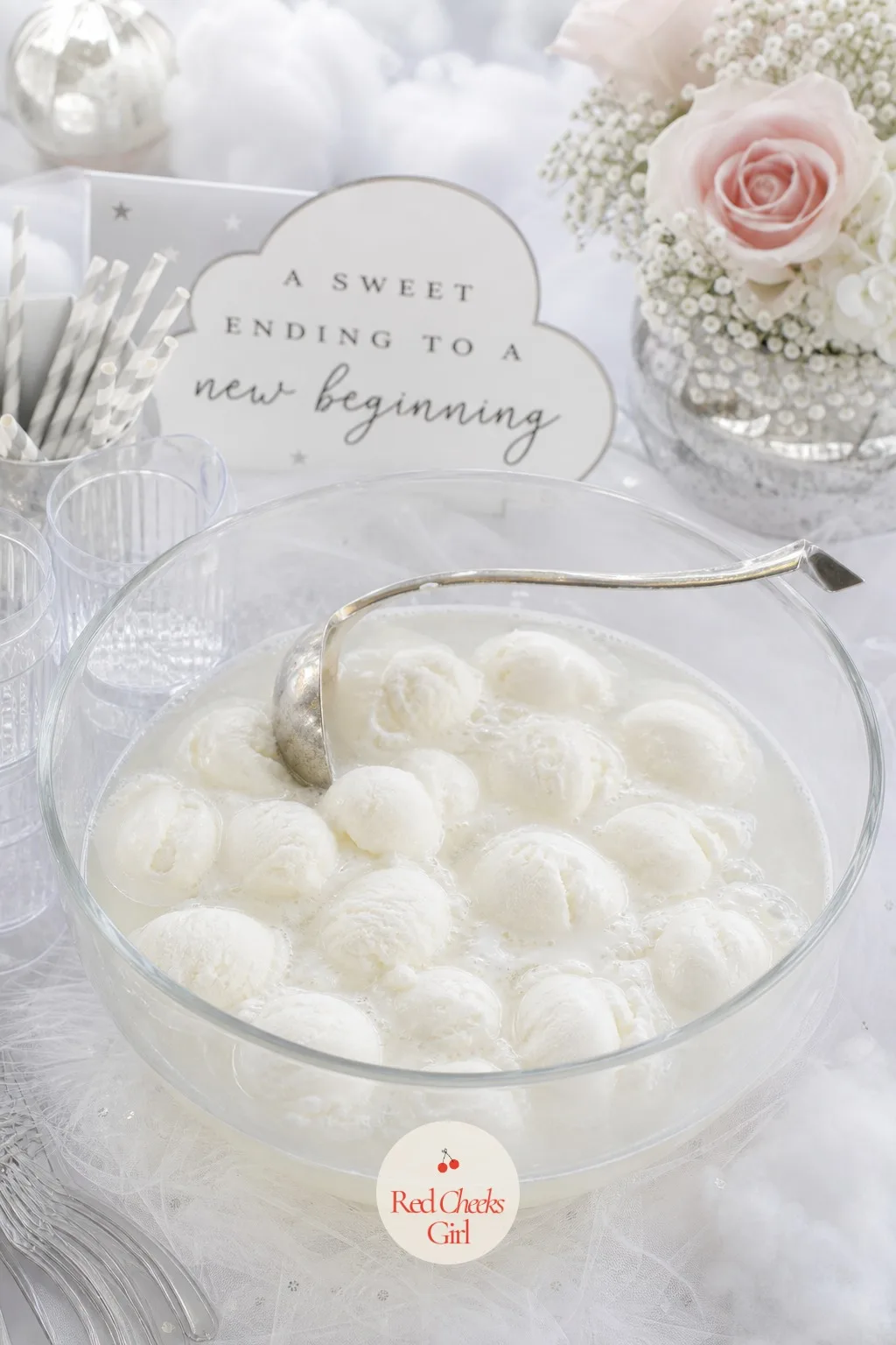 Sherbet Cloud Punch — A pitcher of plain lemonade does not photograph, and it does not match the room either. Cloud 9 baby shower theme