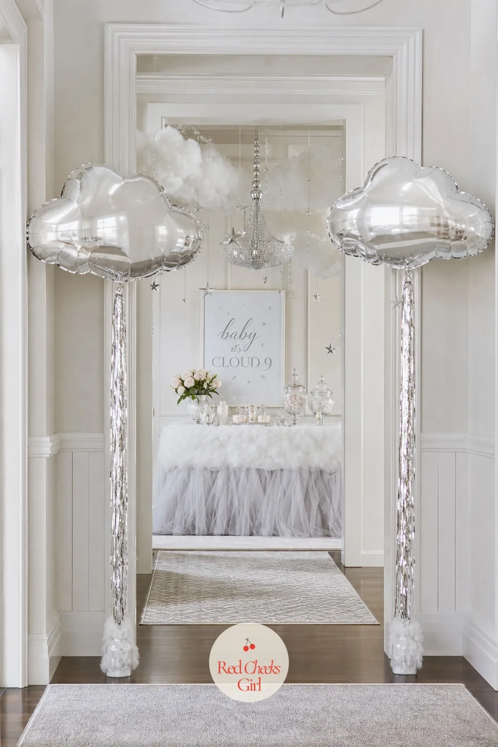 Silver Mylar Cloud Balloons at the Entrance — She will notice the entrance before she notices anything else in the room. Cloud 9 baby shower theme