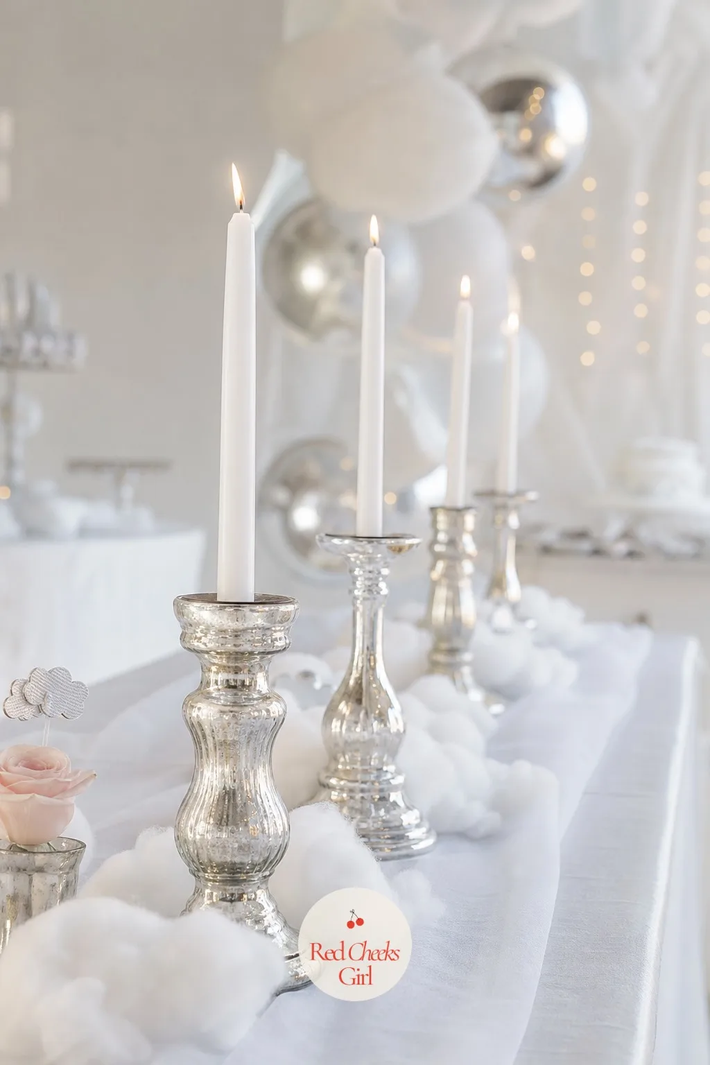 Tall White Candlesticks — A table lit only from overhead looks flat in every photo. Cloud 9 baby shower theme