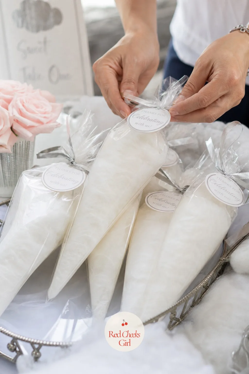 White Cotton Candy Favor Cones — A favor that only sits on a shelf never gets a second look. Cloud 9 baby shower theme