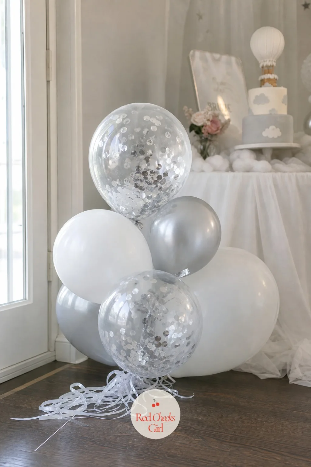 White and Silver Confetti Balloon Cluster — A single balloon looks sparse. Cloud 9 baby shower theme