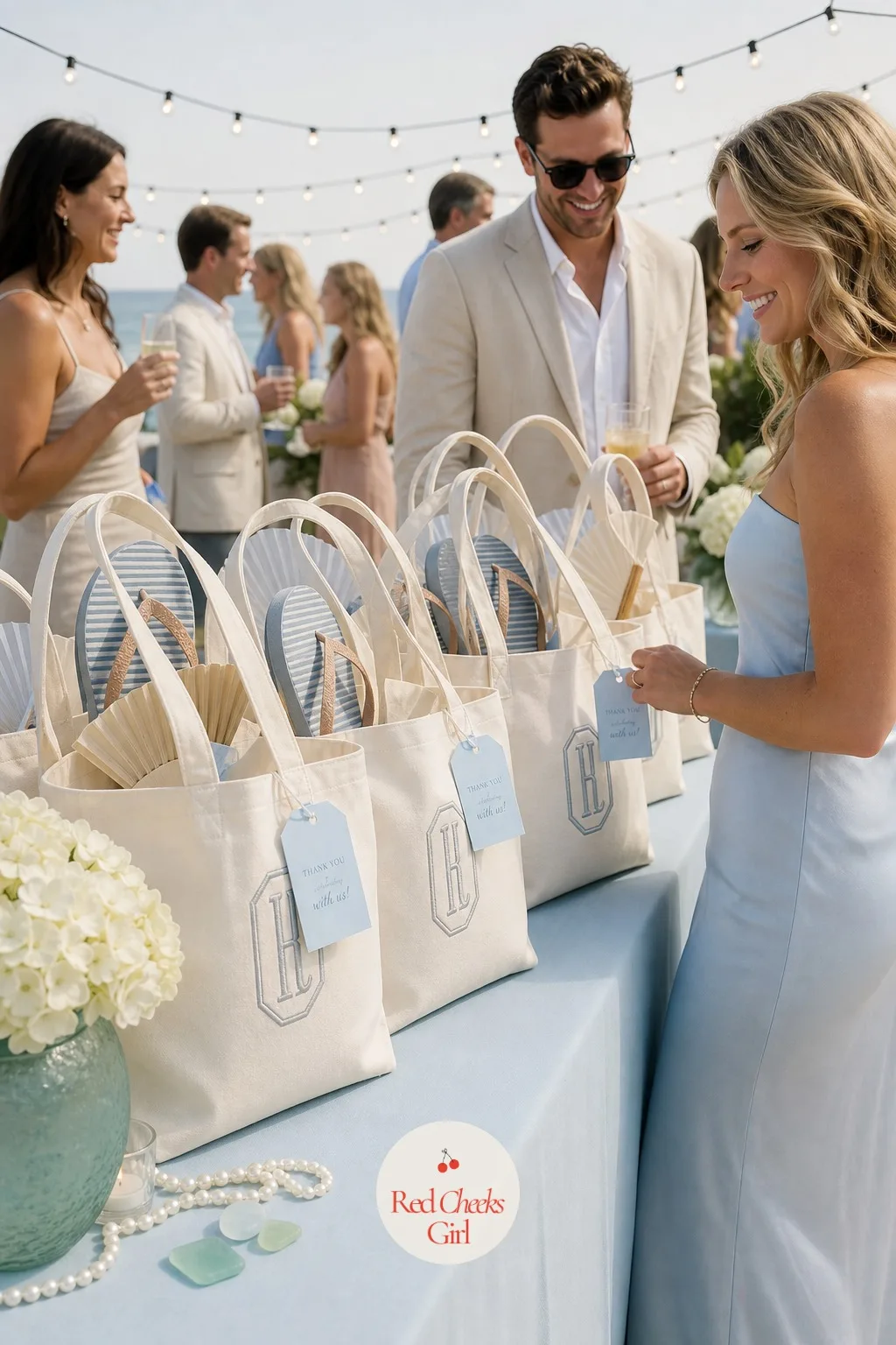 Beach Bag Favors Packed for Each Guest — A favor nobody uses is just something to throw away on the drive home, and a tiny box of candy rarely survives a beach