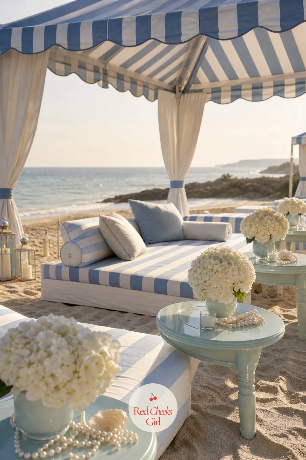 A Blue and White Striped Cabana Lounge — An hour of standing around with a drink goes much better sitting down, and this is where the stripe gets to do its one
