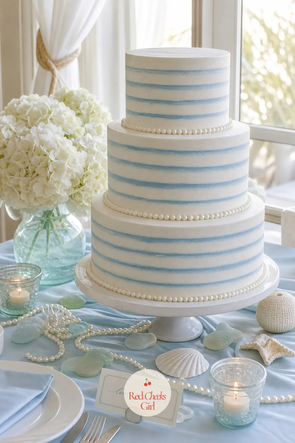 A Blue and White Striped Wedding Cake — A plain white tiered cake disappears into a room already full of white linen and pale blooms, and that is the one place