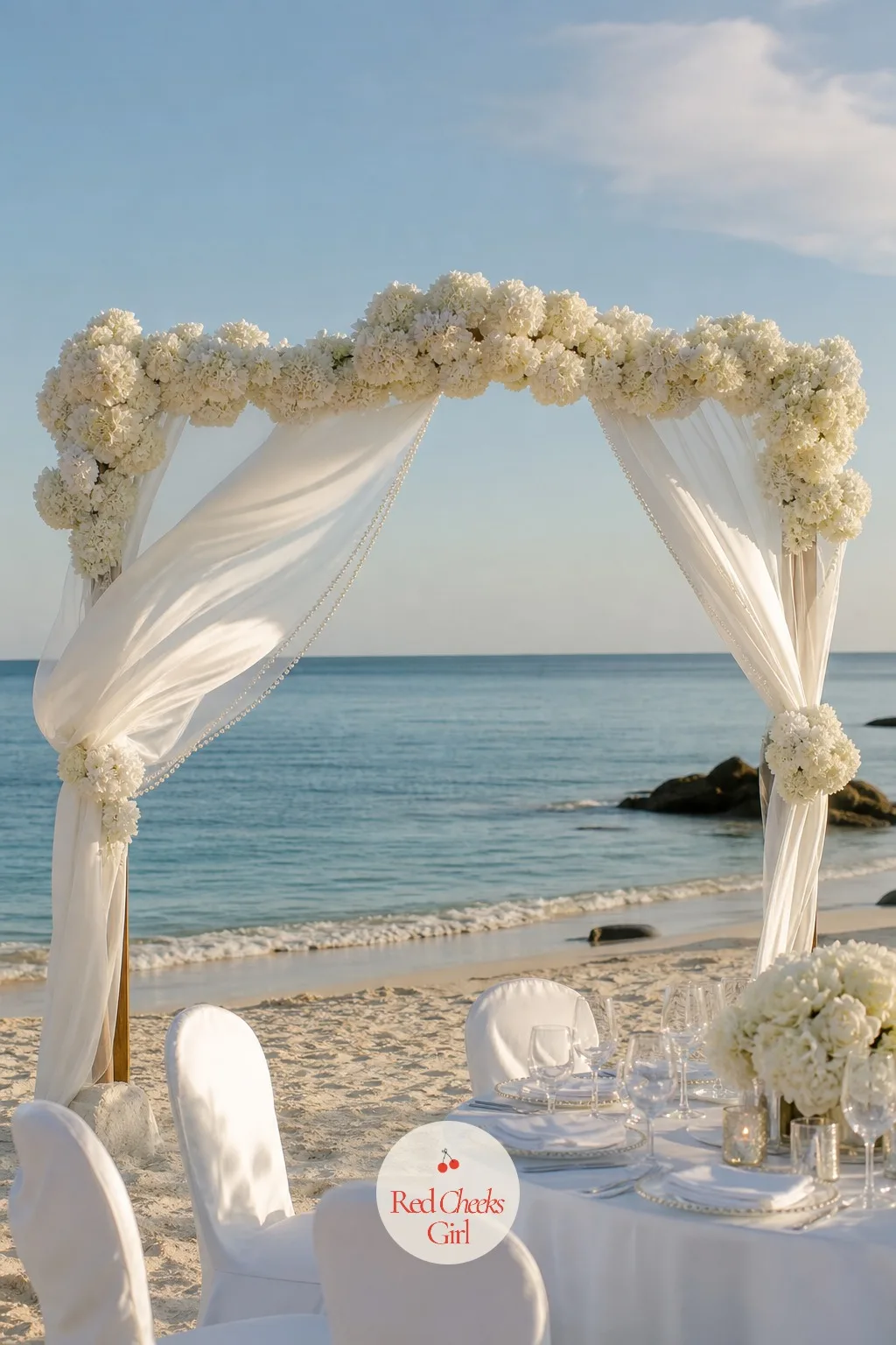 A Flowing Fabric Arch at the Water's Edge — An empty frame on sand looks like scaffolding until the fabric goes up, and then it is the whole ceremony. Coastal