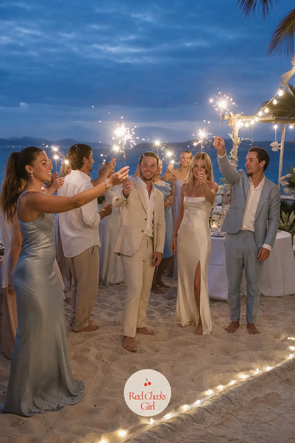 Mini Fountain Sparklers for the First Dance — A grand sparkler exit is a lot of standing in two lines holding your breath, and barefoot guests on sand do not